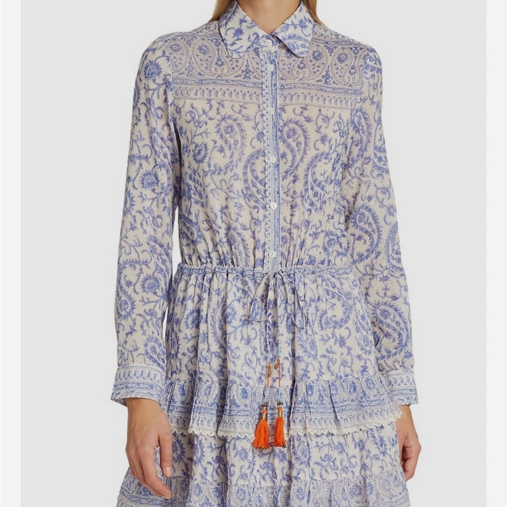 Bell by Alicia Bell Blue Pattern Tiered Mini Dress Long Sleeve Size XS